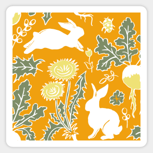 white rabbits in the vegetable garden on marigold background Sticker